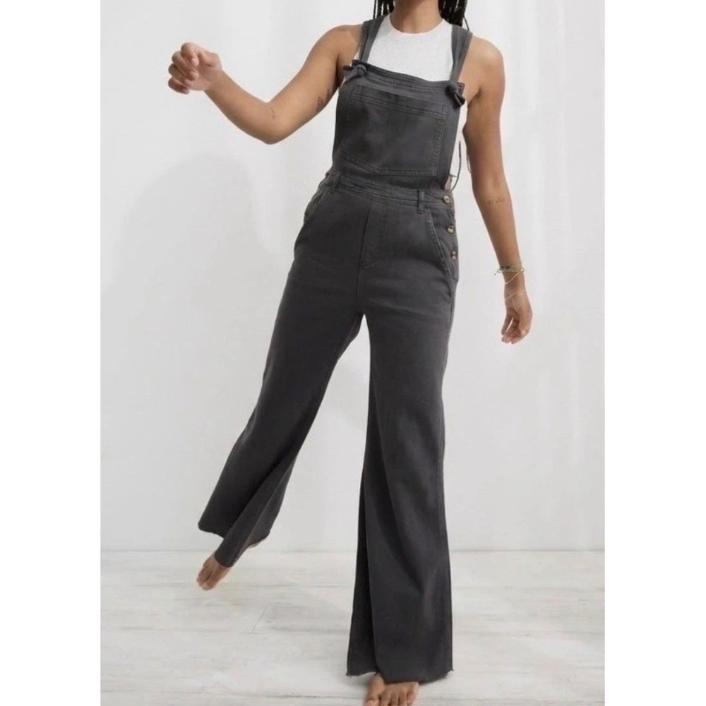 Aerie Womens Charcoal Gray Wide Leg Denim Overalls Raw Hem Size Medium